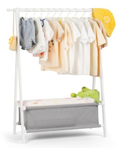 Relquorax Kids Clothing Rack with Storage, Dress Up Rack, Child Clothes, Small Garment, for Costume, Bamboo (White)