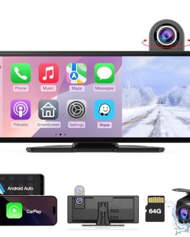 2025 Carpuride Wireless Carplay & Android Auto with Dash Cam - 10.26 Inch HD IPS Touch Car Play Screen for Car, 4K Front & 1080P Rear Camera, Loop Recording, Bluetooth Audio, Mirror Link, GPS, Siri