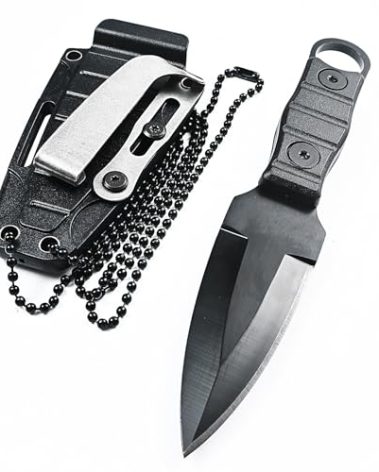 WILD TACTICAL Fixed Blade Knife, Full Tang w/Kydex Sheath, Belt Clip and Necklace easy Carry, Good for Camping Hiking Knife, Fishing Hunting edc MIN Knife Black