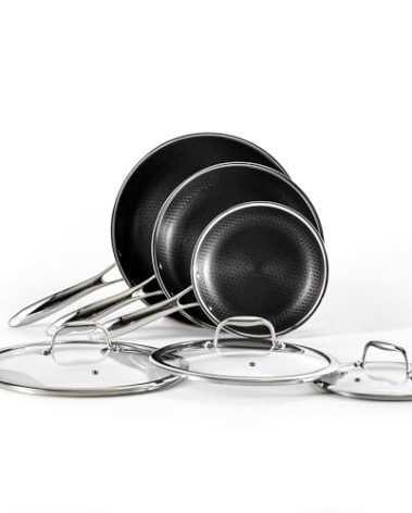 HexClad Hybrid Nonstick 6-Piece Fry Pan Set, 8, 10, and 12-Inch Frying Pans with Tempered Glass Lids, Stay-Cool Handles, Dishwasher-Friendly, Induction Ready, Compatible with All Cooktops
