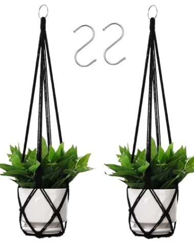 YIBOT Macrame Plant Hanger Indoor Set of 2 with 2 S Hooks, Indoor Outdoor Hanging Planter for Plants Holder with Decorative No Tassels, Boho Home Decor, 35 Inch, Black (Pots Not Included)