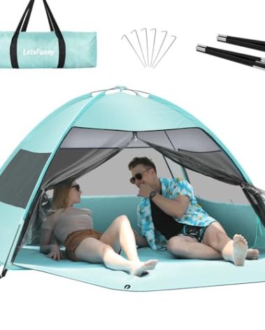 Large Easy Setup Beach Tent,Anti-UV Beach Shade Beach Canopy Tent Sun Shade with Extended Floor & 3 Mesh Roll Up Windows Fits 3-4 Person,Portable Shade Tent for Outdoor Camping Fishing (Mint Green)