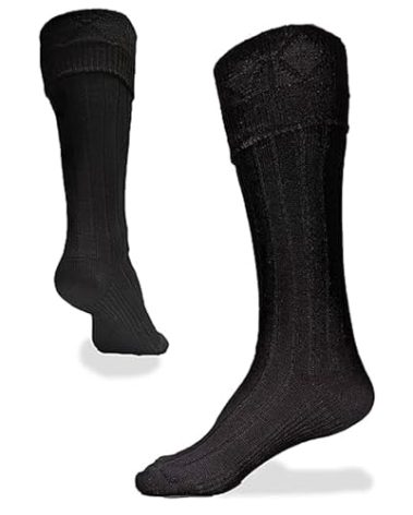 UT Kilts Hose for Men, Traditional Scottish Socks, Ribbed Design, Pull Up To Cuff Over Kilt Hose Flashes, (USA Men's Shoe Size Large 11.5+, Black)