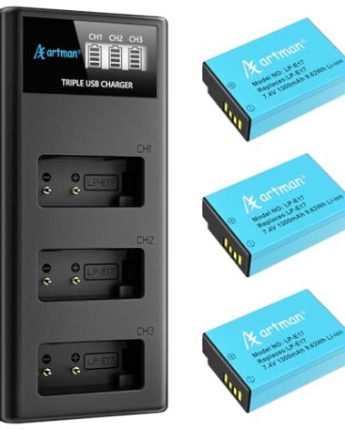 Artman LP-E17 Battery 3-Pack 1300mAh and 3-Slot LCD Charger for Canon EOS R50 R8 R10 RP R100, Rebel T8i T7i T6i T6s SL2 SL3, EOS M3 M5 M6, EOS 77D 200D 250D 750D 760D 800D 8000D Digital Camera