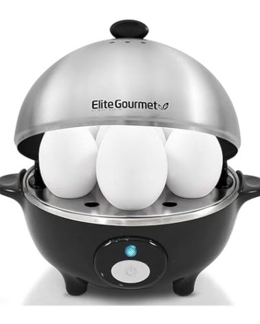 Elite Gourmet EGC-508 Rapid Egg Cooker, 7 Easy-To-Peel, Hard, Medium, Soft Boiled Eggs, Poacher, Omelet Maker, Auto Shut-Off, Alarm, 16-Recipe Booklet, Stainless Steel