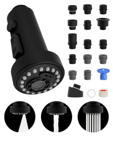 Hibbent Pull Down Kitchen Faucet Head Replacement, 3 Function Sink Faucet Sprayer Head Nozzle with 15 Adapters, Compatible with Moen, American Standard, Delta, Kohler Faucets, Matte Black