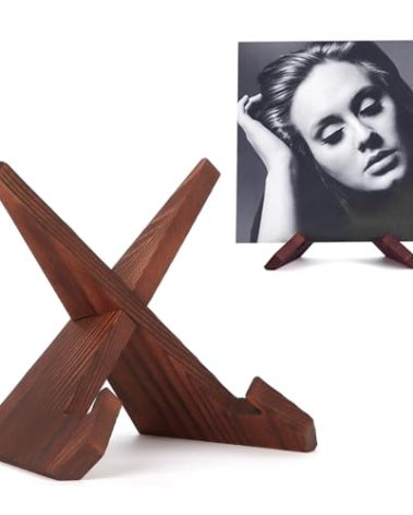 PUERSI Now Playing Vinyl Record Stand, Wooden Display Vinyl Holder Stand, Retro Now Spinning Record Accessories - Rustic Brown