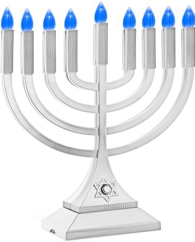 Zion Judaica 9" LED Hanukkah Menorah Metallic Silver Powered by Batteries or USB C Cable Flameless Chanukkah Candleholder USB Electric Minorah Bulbs Chanukah Decoration Lights Hanukkiah