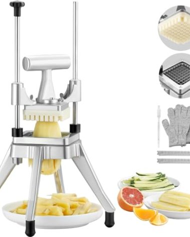 VEVOR Commercial Vegetable Fruit Chopper 3/8″ Blade Heavy Duty Professional Food Dicer Kattex French Fry Cutter Onion Slicer Stainless Steel for Peppers Potato Mushroom, Sliver