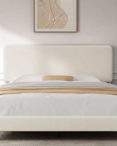 Yaheetech Queen Bed Frames with Adjustable Headboard, Chenille Fabric Upholstered Headboard/Platform Bed, Queen Size Bed Frame No Box Spring Needed/Wood Slats Support/Easy Assembly/Beige