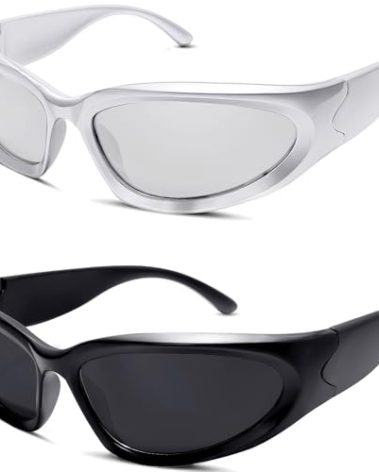 knliwkm 2 Pairs Y2K Wrap Around Sunglasses Sports Futuristic Oval Glasses for Women Men Trendy Fashion Shades Silver