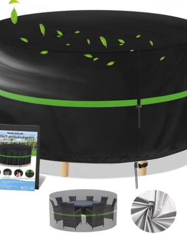 Round Patio Table Cover 62 Inch – 420D Heavy Duty Outdoor Patio Furniture Covers, Waterproof Round Lawn Table and Chair Cover Large for Outside Dining Set (62"DIA x 28"H) Black