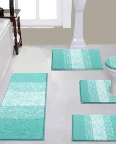 Vaukki 5 Piece Bathroom Rugs Set, Non Slip Shaggy Microfiber Plush Absorbent Washable Bath Shower Mats Runner for Tub (18''x26''+20''x32''+20''x47''+U20''x24''+Lid Cover, Aqua Blue)