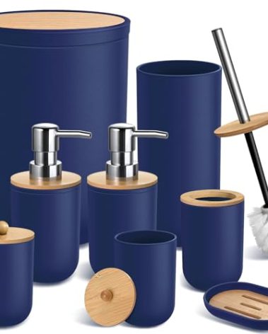 KASUNTING Blue Bathroom Accessories Set, 8 Pack Navy Blue Bathroom Decor Accessory Sets Complete with Trash Can, Bamboo Bath Soap Dispenser Toothbrush Holder Set Toilet Brush Qtip Holders Soap Dish