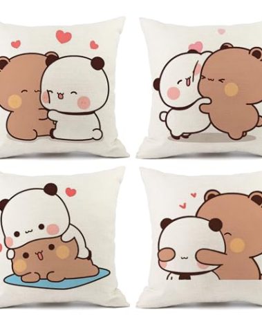 YOKUSHI Bubu and Dudu Bears Throw Pillow Covers 18x18 Set of 4, Linen Double-Sided Decorative Couch Pillow Cases with Invisible Zipper, Living Room Sofa Decor (B)