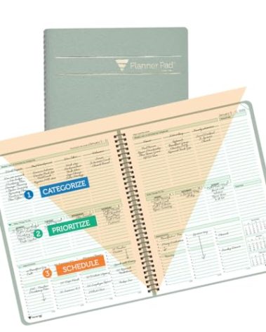 Planner Pad Spiral Bound January-December 2026/ Calendar Year 8 1/2" x 11" Large 3-Tier Funnel Down 12 Month Organizer, Greenish Grey Cover/Soft Green Ink