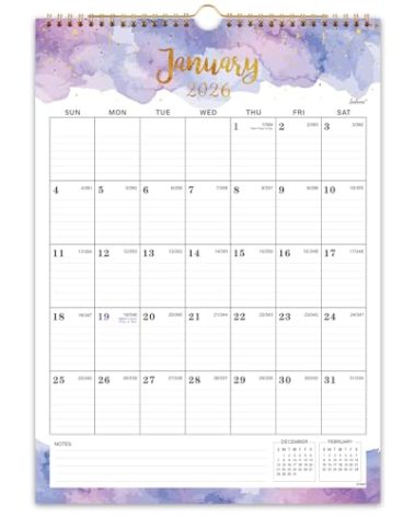 2026 Calendar - 2026 Wall Calendar - Large Calendar 2026, 12" x 17", Jan 2026 - Dec 2026, Twin-Wire Binding, Hanging Hook, Blocks and Julian Dates - Colorful Waterink