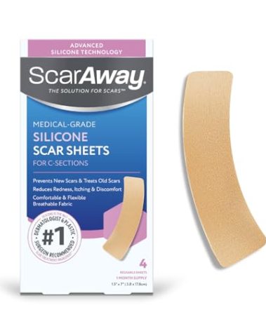 ScarAway Advanced Silicone Scar Sheets for C-Section, Reusable Strips (1.5” x 7”) for Hypertrophic and Keloid Scars from C-Section & Other Surgeries, 4 Sheets