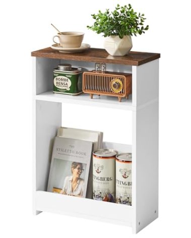 IBUYKE Narrow Side Table with Storage Shelf, 3 Tier Slim End Table for Small Spaces, Wood Small Nightstand with Magazine Rack for Living Room, Bedroom, Sofa, Space Saving, White WST006W