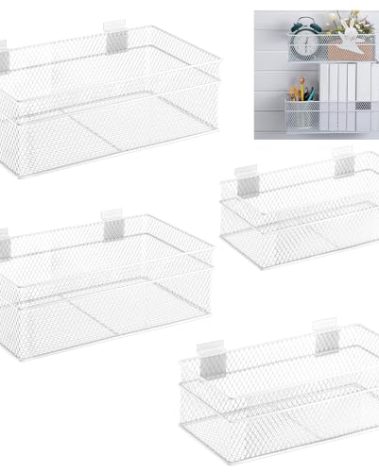 Barydat 4 Pcs Slatwall Basket Set Ventilated Metal Slatwall Basket Hanging Wire Bins Wall Mounted Accessories for Panel Garage Storage Display Organizing(Multi Size,White)
