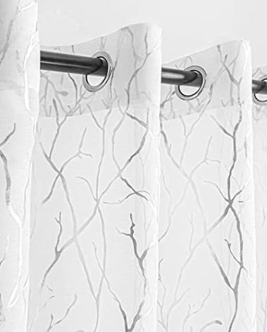 Kotile Silver White Sheer Curtains 84 Inches Long - Printed Classy Silver Tree Branch Curtains for Bedroom Grommet Top Window Tree Curtains for Living Room, 52 x 84 Inch, 2 Panels, Silver and White
