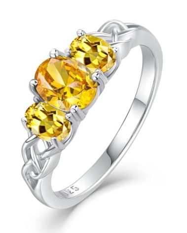 FANUFAN November Birthstone Ring 925 Sterling Silver Oval Citrine Ring Celtic Knot Ring 3-Stone Promise Rings for Women Wife Birthday Anniversary Wedding Jewelry,Ring Size 8.5