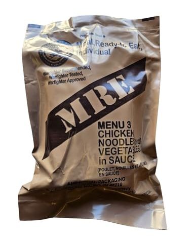 Genuine USGI Individual MRE [Meal, Ready to Eat] Inspection Date 01/2024 or Newer - You Choose Menu - Complete Ration with Entree, Snacks, Dessert, Drink Mix, Utensils, Condiments and FRH. (#3 Chicken Noodle)