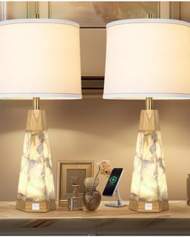 27" Natural Alabaster And Real Wood Table Lamp Set of 2 With Night Light Nightstand Lamps With USB Ports White Linen Fabric Shade Bedside Lamp Decor For Living Room Bedroom Home Office Hotel Bar House