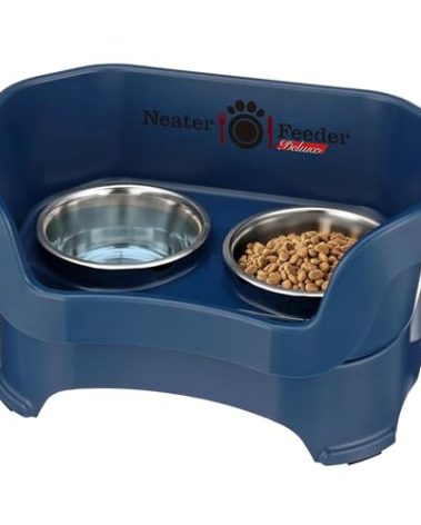 Neater Pet Brands Neater Feeder Deluxe Mess Proof Dog Bowls Elevated for Medium Dogs 19-40 lbs, Made in USA, No Spill Raised Dog Food Bowl Stand Feeding Station, Food and Water Bowl Set, Dark Blue