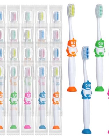 Akulgaci 100 Pack Kids Toothbrush Soft Bristles Toddler Cute Toothbrush Bulk with Suction Cup, Includes Travel Covers, Individually Wrapped Toothbrushes for Kid Home School Daycare Camp (Penguin)