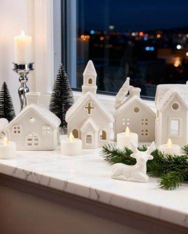KKYOYRE ​Christmas Village Set with Remote - 4 Ceramic Houses with LED Lights, Santa, 2 Deer & Trees, Indoor LED Christmas Decor for Mantel, Tabletop, Farmhouse Home Holiday Decoration​​