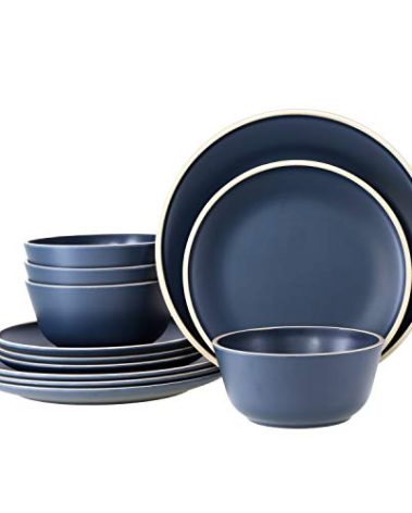 Gufaith Melamine Dinnerware Sets for 4, Plates and Bowls Sets 12 Pcs, Melamine Plates, Nautical Dinnerware Sets, Modern Style,Dishwasher Safe, BPA Free, Suitable Indoor and Outdoor Use (Deep Blue)
