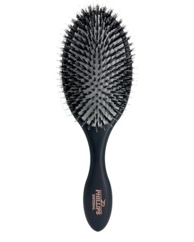 Phillips Brush Imperial Black Oval Cushion Boar Hair Bristles Reinforced by Nylon, Anti-Static Anti-Frizz