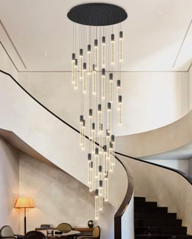 32-Lights Large Chandeliers for Entryway Modern Crystal High Ceiling Pendant Lights for Living Room Foyer Chandelier Black Lighting Fixture with Remote Dimmable Light