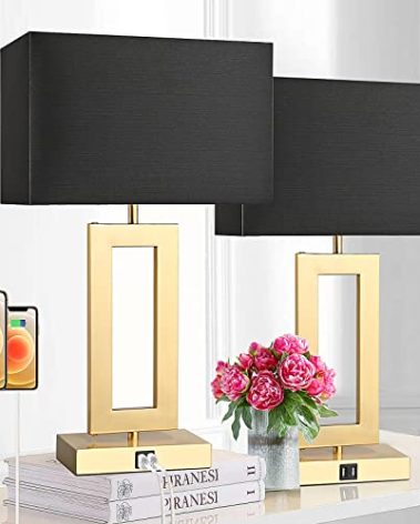 22'' Black&Gold Lamps for Bedrooms Set of 2, Touch Control Table Lamps with USB Ports, 3-Way Dimmable Bedside Nightstand Lamps, Modern Table Lamps for Living Room End Table, LED Bulbs Included