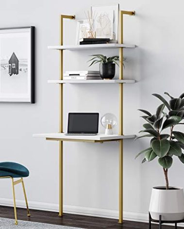Nathan James Theo 2-Shelf Industrial Wall Mount Ladder Small Computer or Writing Desk, White/Gold Brass