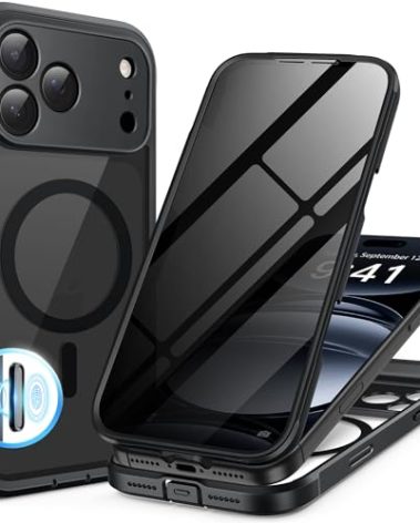 BERFY for iPhone 17 Pro Max Case, Compatible with MagSafe, Built-in Privacy Screen Protector and Camera Protection, Anti-Spy Full Body Shockproof Clear Phone Case for 17 Pro Max 6.9", Black