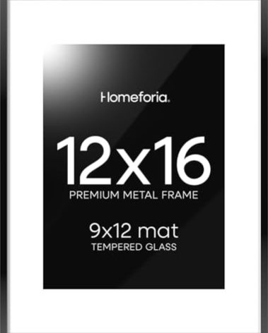 Homeforia 12x16 Picture Frame Black, High End Metal 12x16 Poster Frames with Mat 9x12 for Photo, 12 x 16 Black Frame Matted to 9 by 12 inch Print, 16x12 Thin Frames, Tempered Glass, Wall Kit, Set of 1
