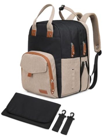 Qualyphant Large Diaper Bag Backpack for Two Kids Twins - Expandable Baby Bag (26-36L), Dual Big Compartments - Includes Changing Pad & Stroller Straps, Unisex Black Khaki