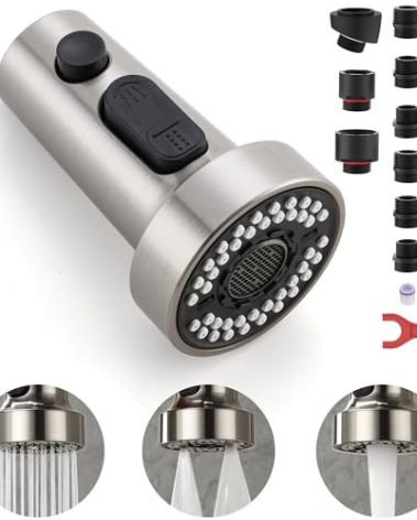 TIORIY Pull Down Spray Head Replacement - for Kitchen Faucet Sprayer Head with 15 Adapters, 3 Function Pull Out Faucet Spray Nozzle, Brushed Nickel