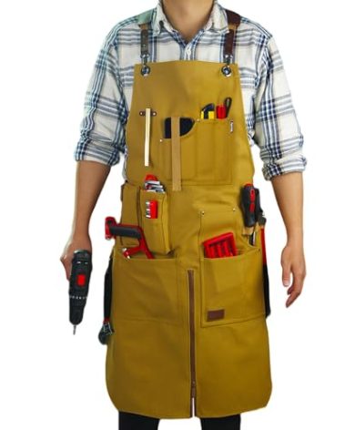 Stenffy Woodworking Apron, Tool Apron, Canvas, Multiple Pockets, Adjustable Zipper, Metal Ring, Tape Measure Clip, Plus Size, Khaki.