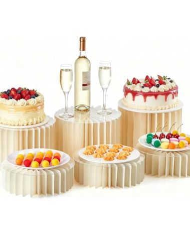 BRESENZ 6-Pack Foldable Multi-Height Buffet Risers - 12" White Cardboard Cylinder Stands with Acrylic Plates for Wedding Cakes, Dessert Tables, Charcuterie Displays