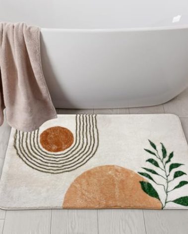APROPHIC 20"X30" Boho Bath Rugs for Bathroom Decor Non-Slip Bath Mat Absorbent Plush Microfiber Soft Carpet Machine Washable Bath Mat for Bathrooms,Showers,Laundry Rooms,White and Green