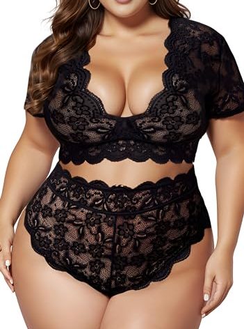 JuicyRose Plus Size 2 Piece Lingerie Set for Women Sexy Deep V Allover Lace Bra and Panty High Waist Nightwear Clubwear (T005,Black,5XL)