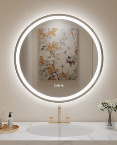 LOVESPEJO 28" Round LED Bathroom Mirror with Lights, Circle LED Mirror for Bathroom, Fogless, Dimmable, 3 Colors Changing, IP54 Waterproof