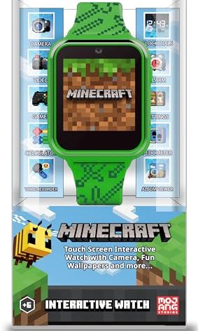 Minecraft Kids Smart Watch – Touchscreen Interactive Watch with 10 Customizable Clock Faces, Built-in Camera, Video Recorder, Alarm, Calculator, Games & Pedometer – Fits Wrists 5.5" to 8"