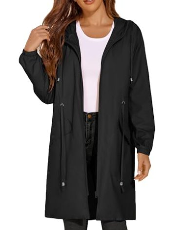 ELESOL Women Rain Coat Waterproof with Hood long Raincoat Rain Jacket lightweight rain slicker with hood Black