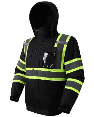 JKSafety Hi-Vis Winter Safety Bomber Jacket for men and women | Winter Safety Jacket Durable and Waterproof | Construction Work Jacket for Winter | Cold Weather PPE | ANSI Compliant (116-Black M)
