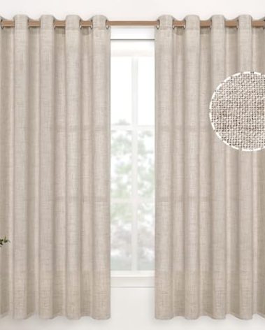 YoungsTex Natural Linen Curtains 63 Inch Length 2 Panel Linen Textured Curtains with Bronze Grommet Light Filtering Window Drapes for Living Room, 60 X 63 Inch