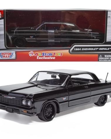 All Star Toys 1964 Impala Black with Custom Deep Dish Wheels 1/24 Diecast Model Blacked Out Lowrider Motormax Exclusive 73259